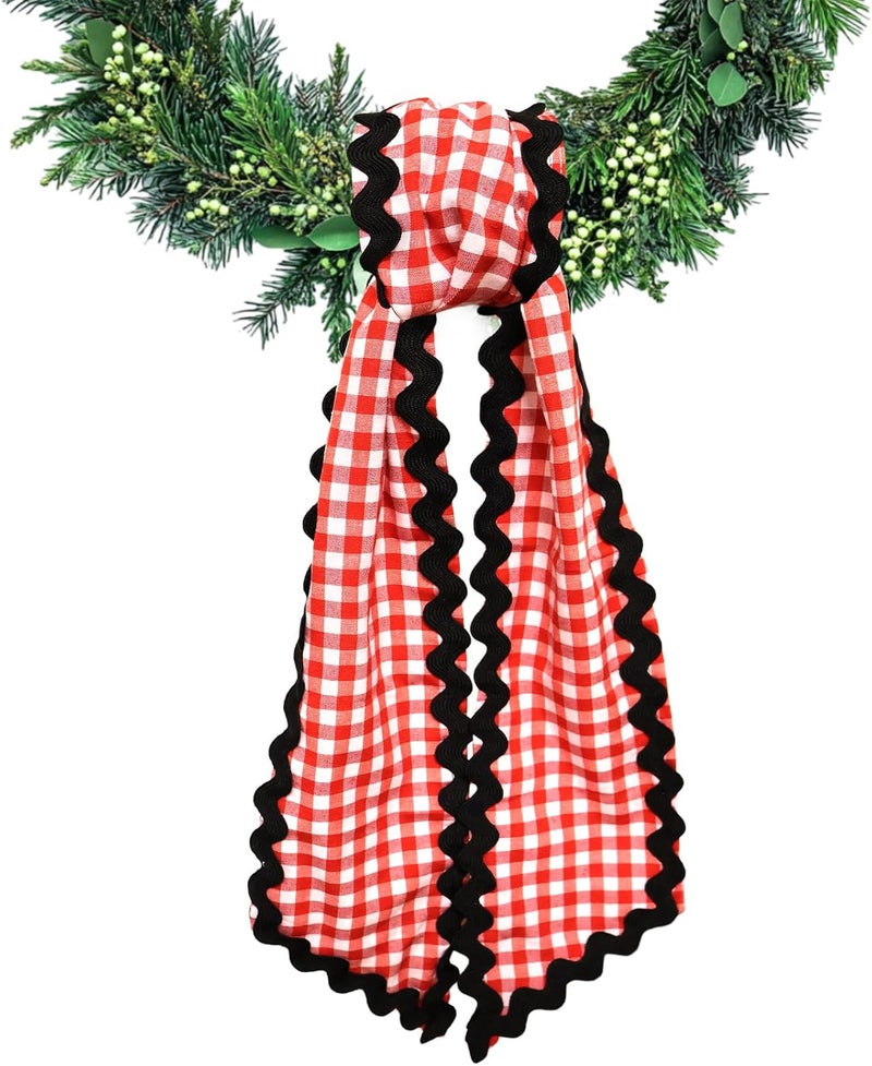 Ftuuo Wreath Sash for Front Door Red White Buffalo Plaid Wreath Satin Sash Black Wave Garland Ribbon Accessories for Wreaths Yard Doorway Indoor Outdoor Bow Bridal Shower Home Decor,5.11 x 54.33 - Image 1